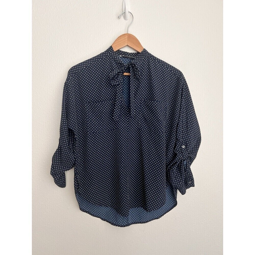 Abercrombie & Fitch Navy Polka Dot Tie Neck Blouse XS Preppy Classic Officewear